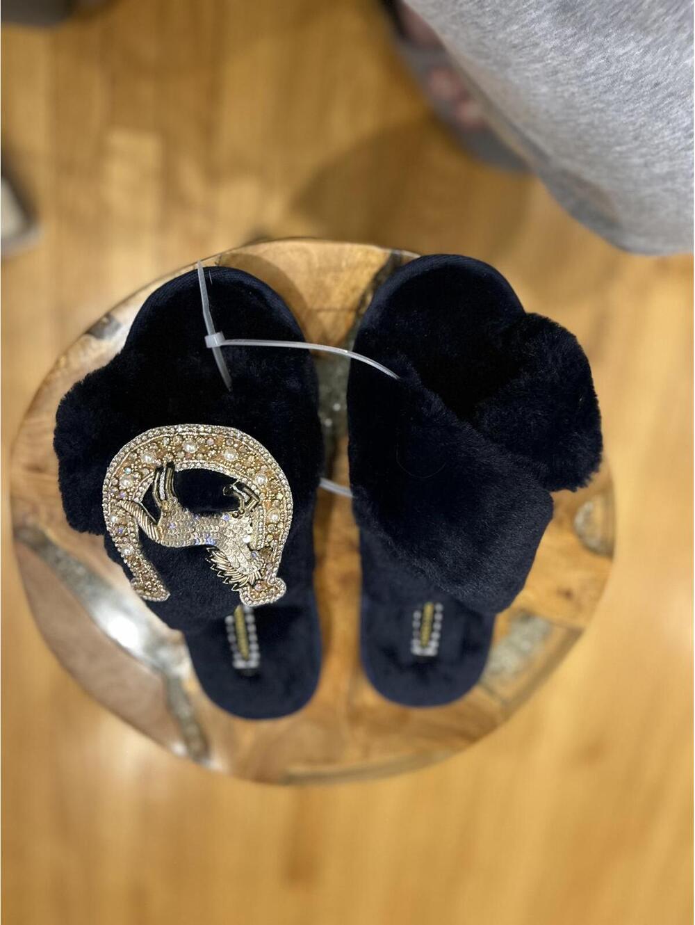 Laines London Navy Furry Women's Slippers Embellished